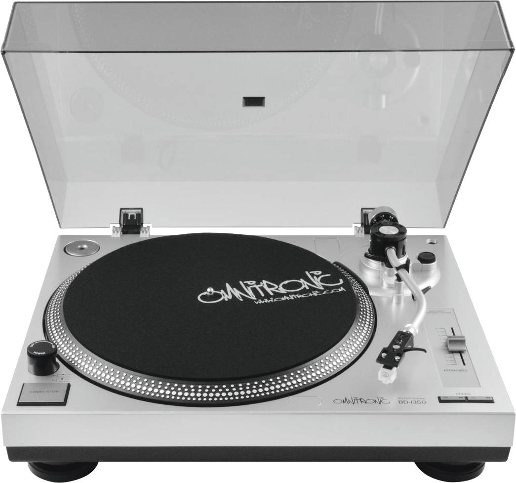 A silver record player with a black mat, labelled 'Omnitronic', with the plastic cover open. Control buttons and tonearm visible.