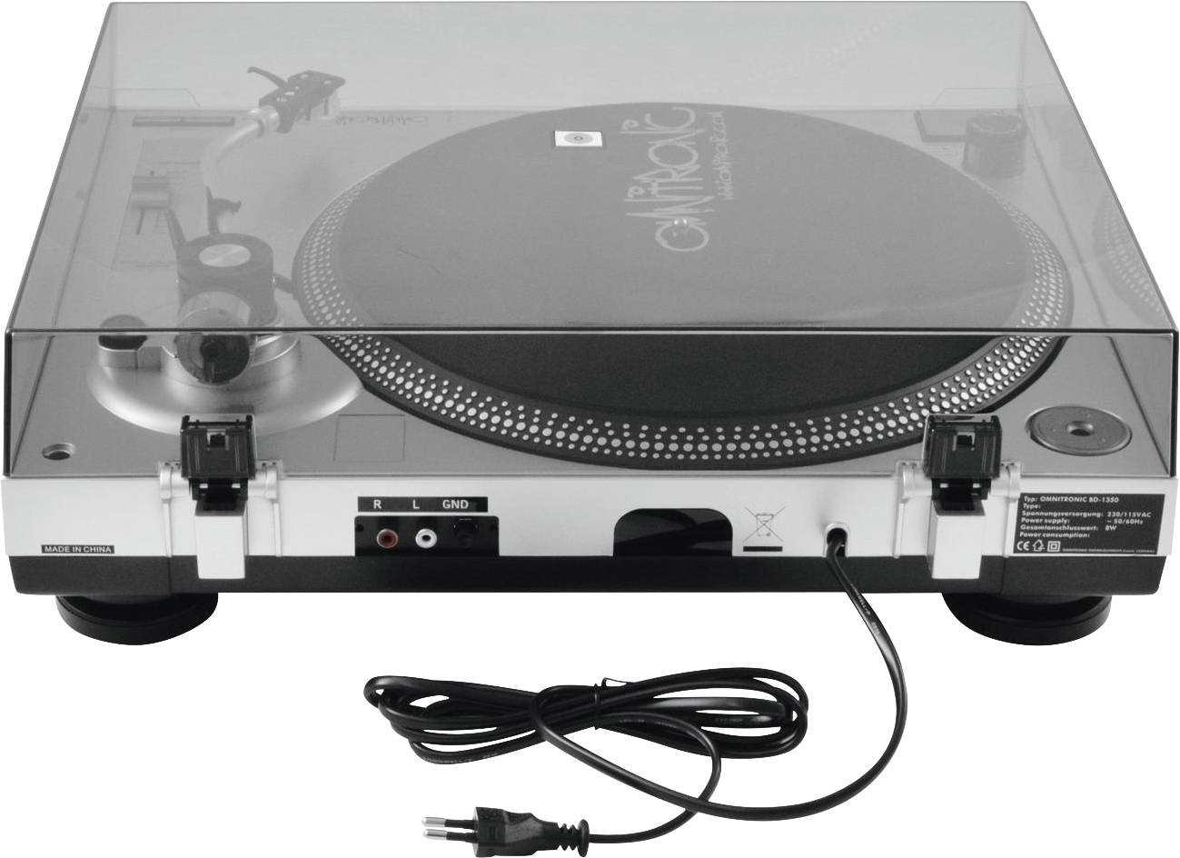 Record player with a transparent lid, black and white base, and connecting cable. Device for audio playback of vinyl records.