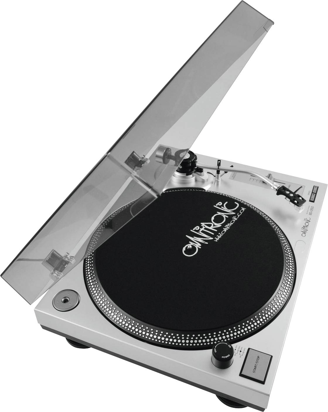 Turntable with a transparent lid, silver casing, and black platter. Records can be played on it.