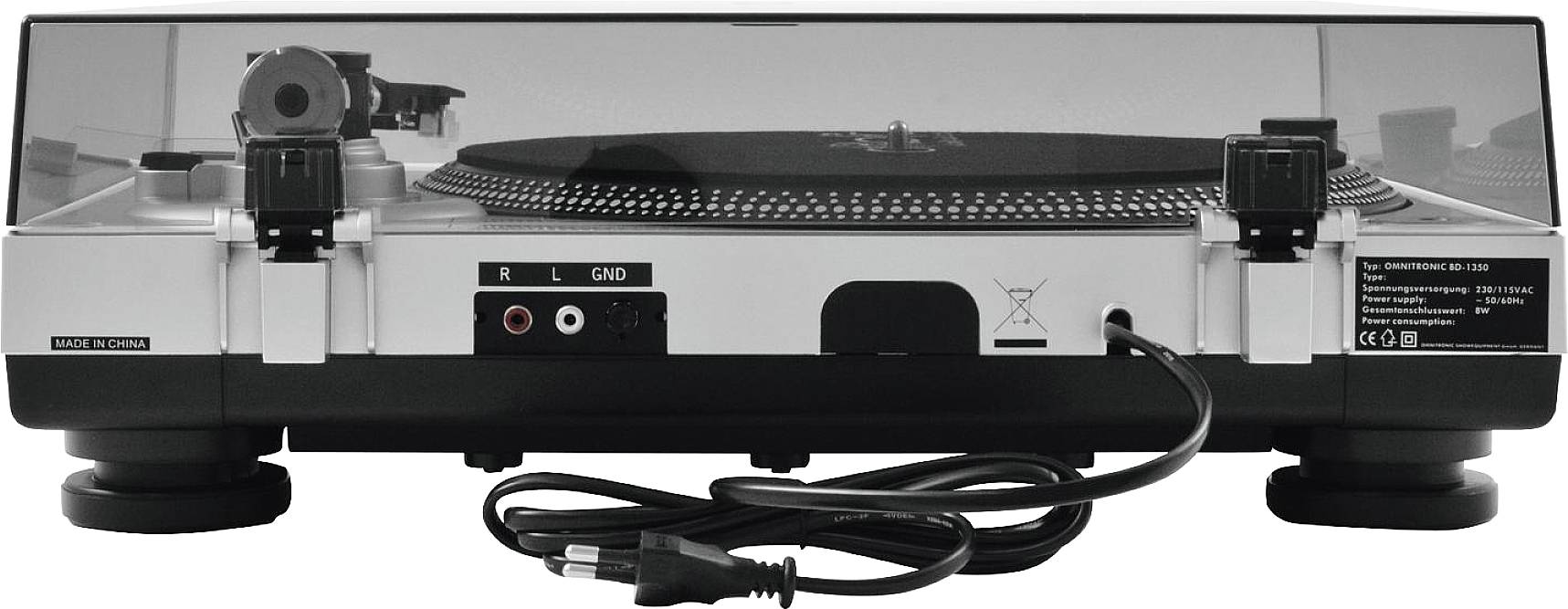 Turntable viewed from the rear with connections and power cable; left R/L audio output, right power cable connection.