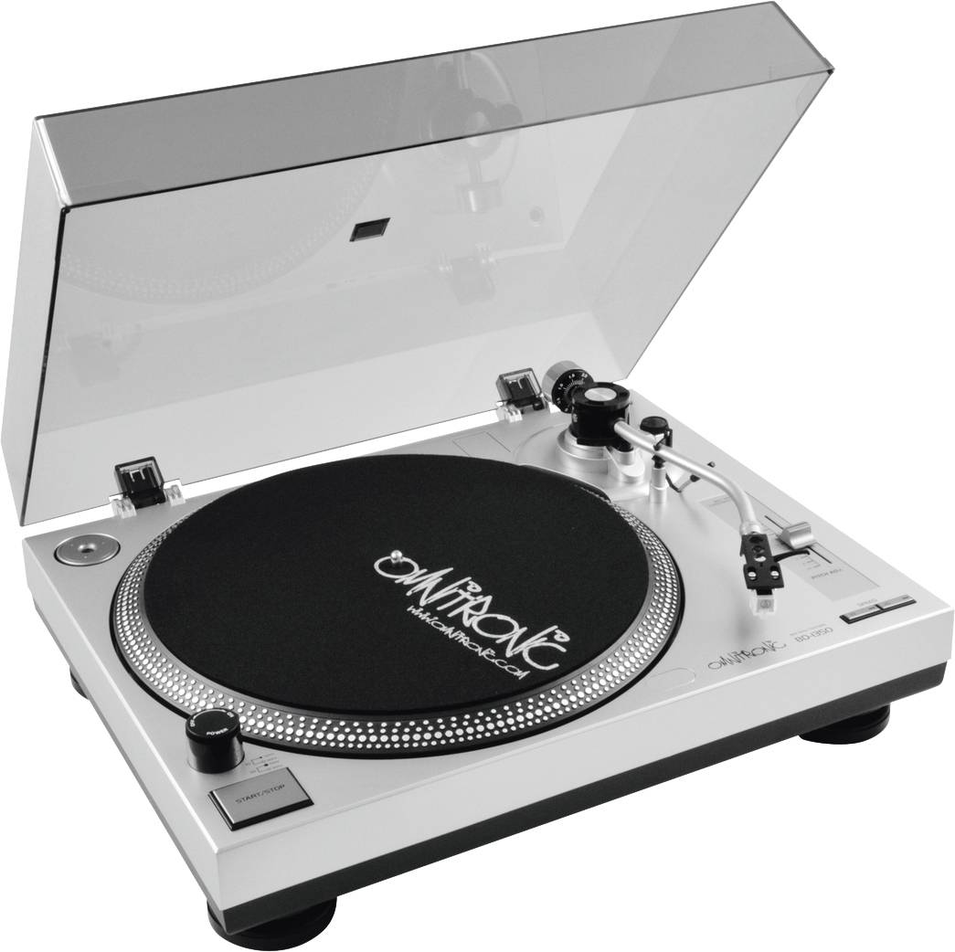 A turntable with a transparent lid, black mat with the inscription 'ON THRONE', silver design and tonearm on the right.