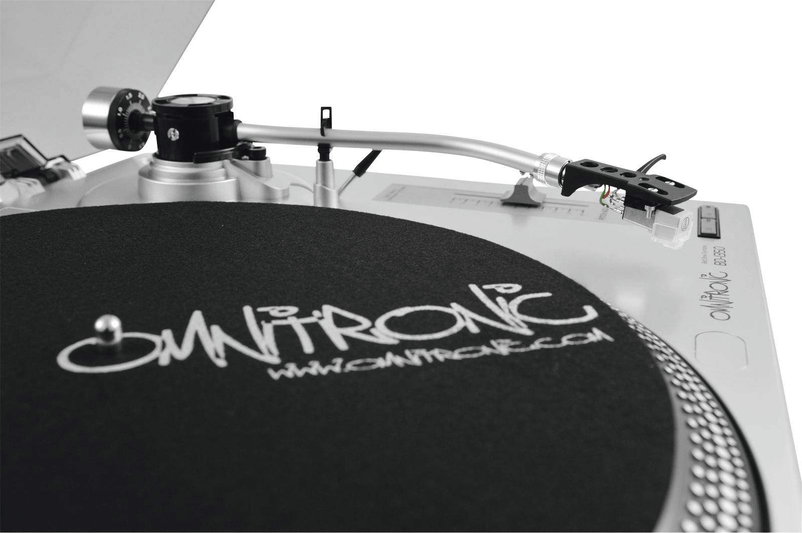 A turntable with the 'Omnitronic' inscription on the felt mat. The tonearm is positioned over the platter.