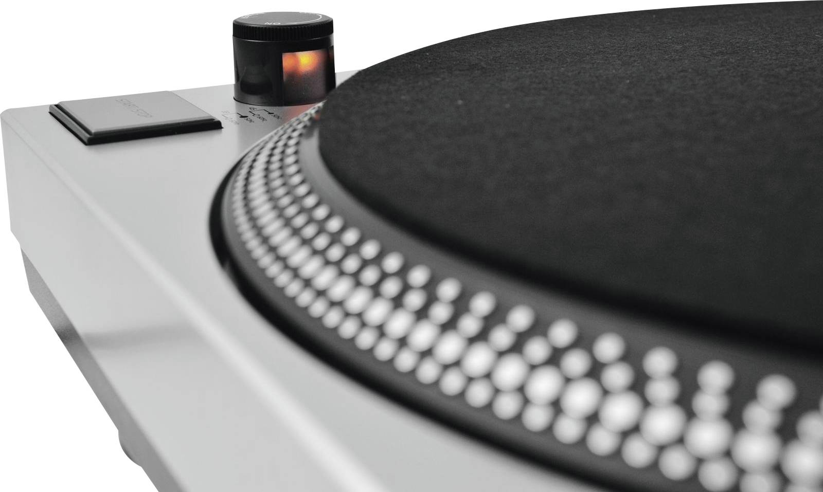 Record player with a black felt mat and illuminated button. Silver casing, close-up of record placement.