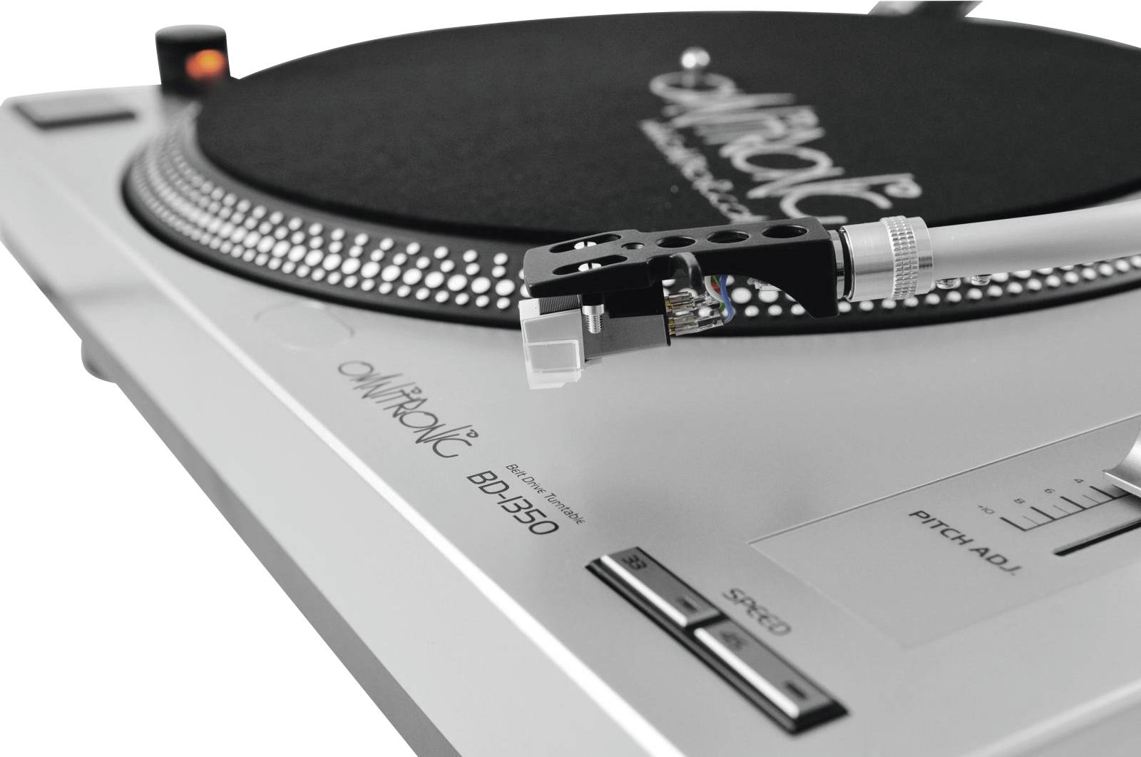 Turntable with a black platter and tonearm, showcasing audio technology. Brand name visible on the platter.