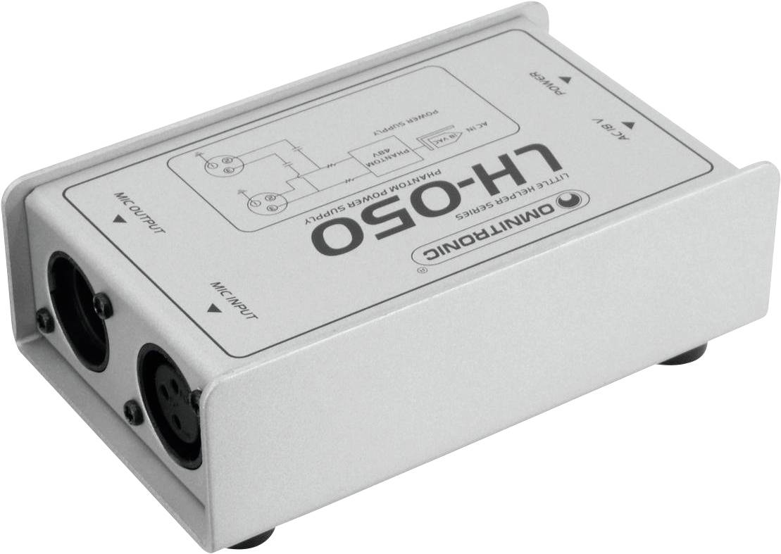 A silver audio device with two inputs, labelled as 'Mic Output' and 'Mic Input', and a power supply diagram on the top surface.