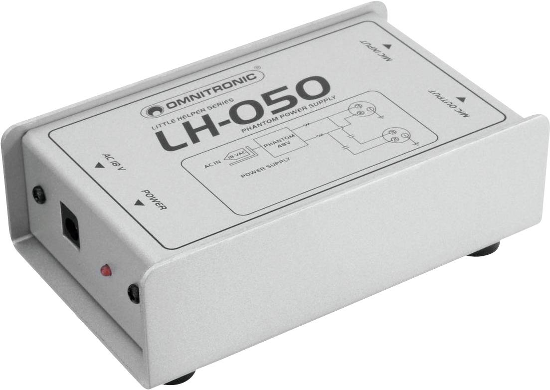 External phantom power supply with the label 'Omnitronic LH-050'. Rectangular metal enclosure with connections for XLR input and output.