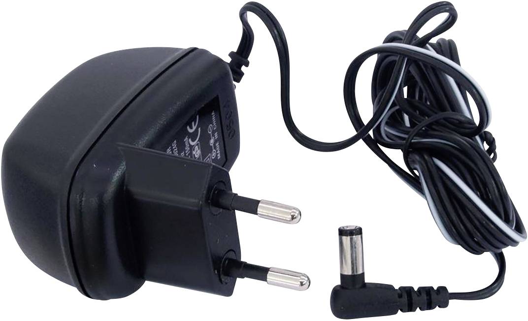 Black network adapter with two pins and a long cable with an angled plug, suitable for European power sockets.