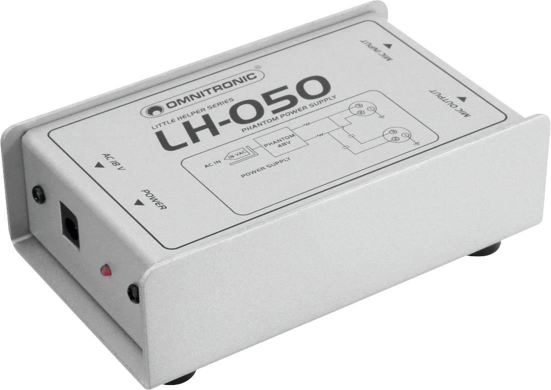 A small, rectangular device by Omnitronic, model 'LH-050', which serves as a phantom power supply.