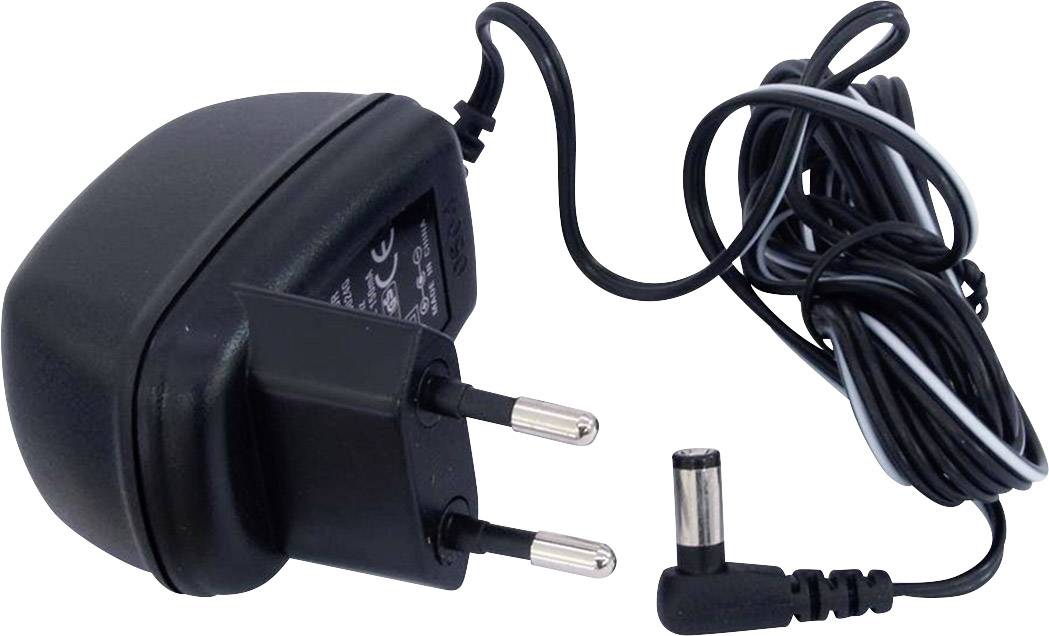 A black power supply with a European plug and a long, thin cable ending in a small connector.