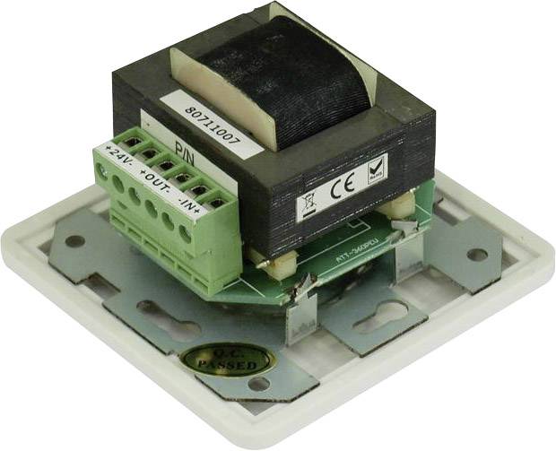 An electrical transformer on a mounting plate with green connection terminals, printed serial number, and CE marking.