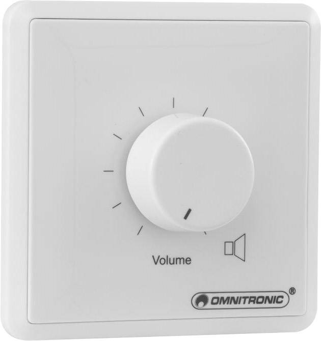 A white volume control knob with a scale and speaker symbol on a square plate, 'Omnitronic' logo bottom right.
