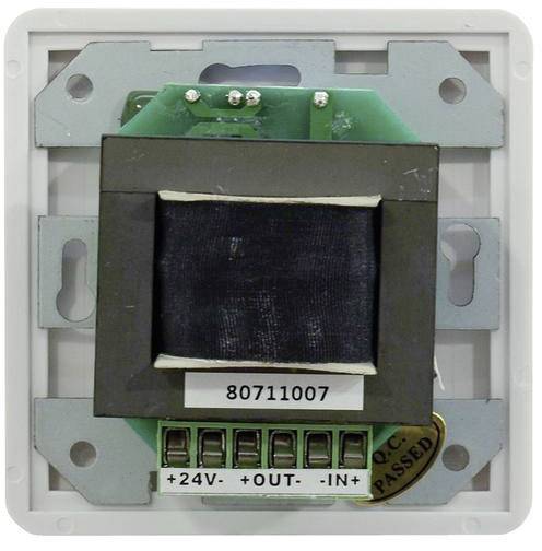An electrical component with a transformer and terminal blocks for '+24V', '+OUT', and '-IN', mounted in a square metal frame.