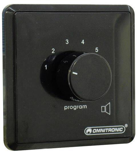 Black volume control with numbers 1 to 5, labelled 'program', speaker symbol and 'Omnitronic' brand mark.