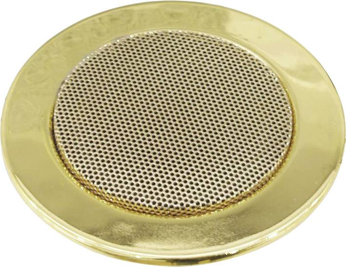 A golden circular metal air vent grille with a fine mesh, used in heating or air conditioning systems for air circulation.