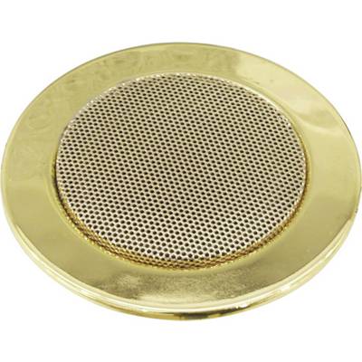 A golden circular metal air vent grille with a fine mesh, used in heating or air conditioning systems for air circulation.
