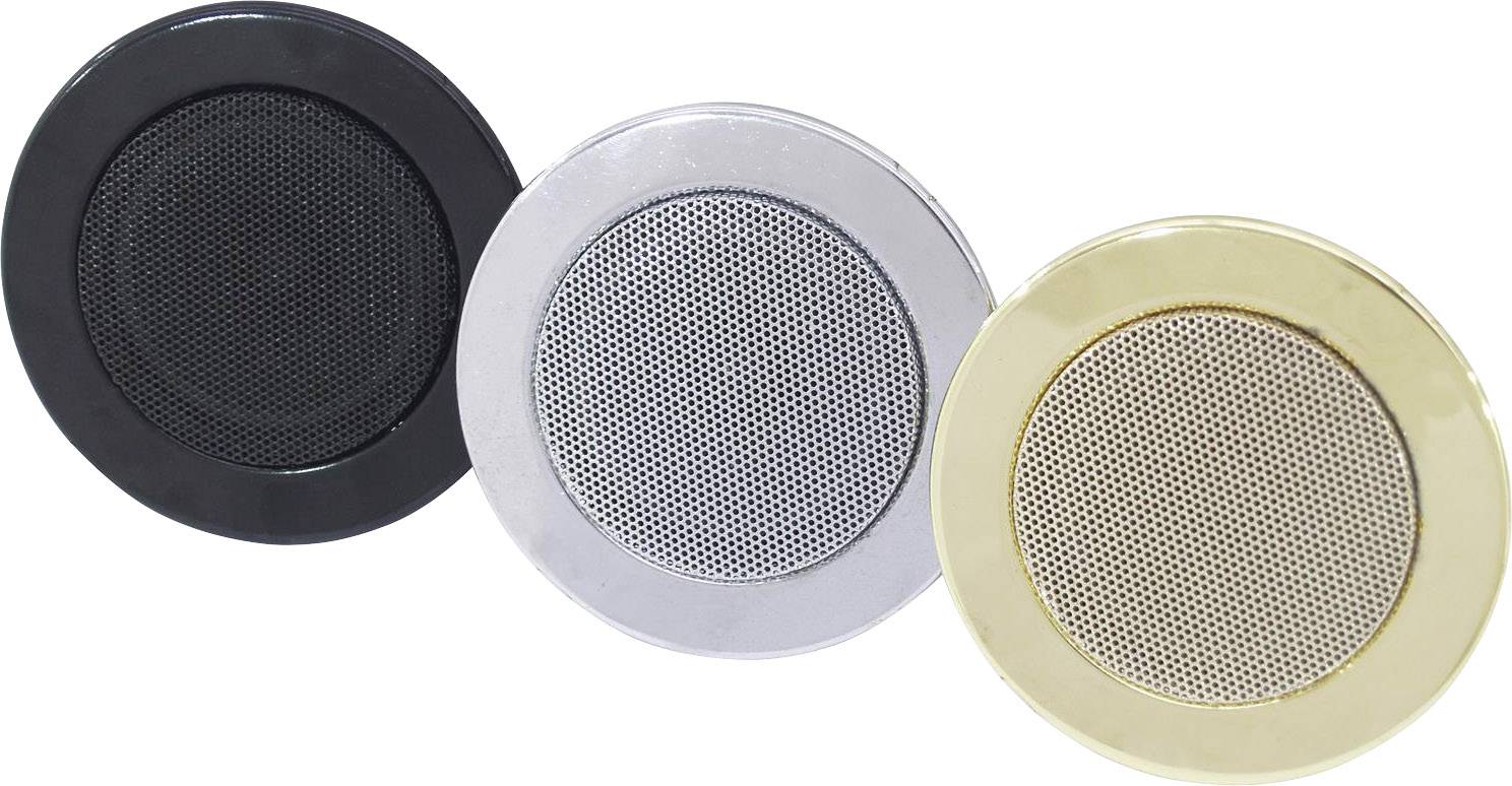 Three round speaker covers in black, silver and gold placed side by side, symbolising different colour options.