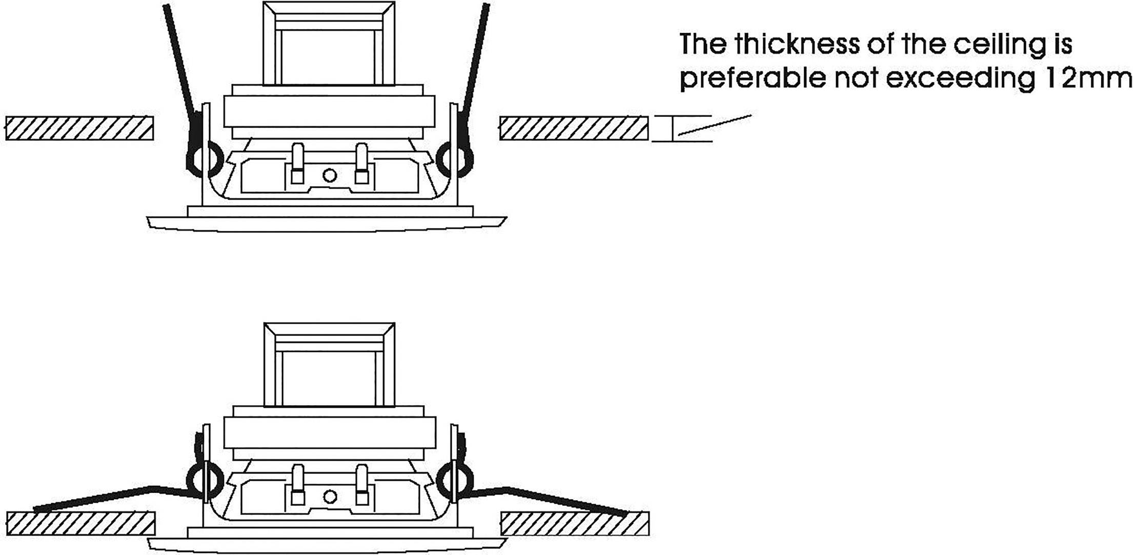 Diagram with Recessed Light Fitting. Upper part shows incorrect installation with overly thick ceiling material. Lower part shows correct installation. Text: 'The ceiling thickness should not exceed 12 mm.'