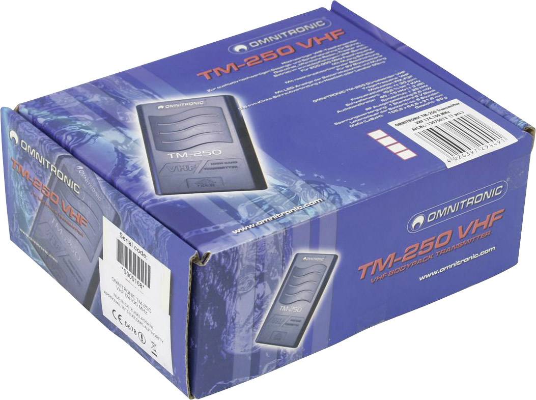 A blue packaging with the inscription 'OMNITRONIC TM-250 VHF', showing an image of a microphone.