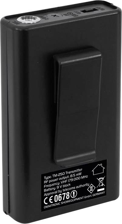 Black, portable radio module with belt clip, Model TM-250. Frequency and output power details on the reverse side.