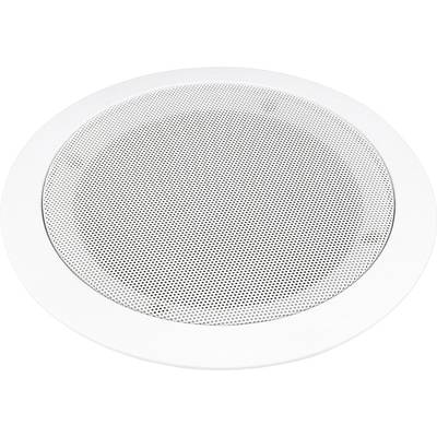 Round ceiling speaker with white frame and fine speaker grille, suitable for discreet room sound distribution.
