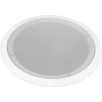 Round ceiling loudspeaker with white border and silver grille, suitable for use in public or private spaces.