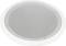 Round ceiling loudspeaker with white border and silver grille, suitable for use in public or private spaces.