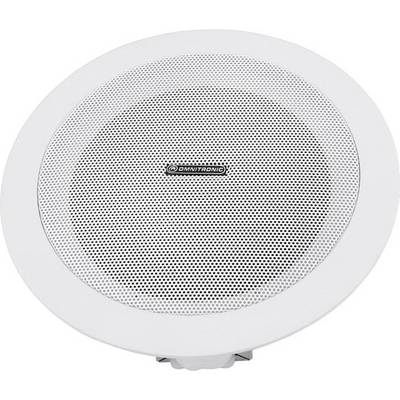 Round ceiling speaker by Omnitronic, white, with central logo, suitable for integration into suspended ceilings.