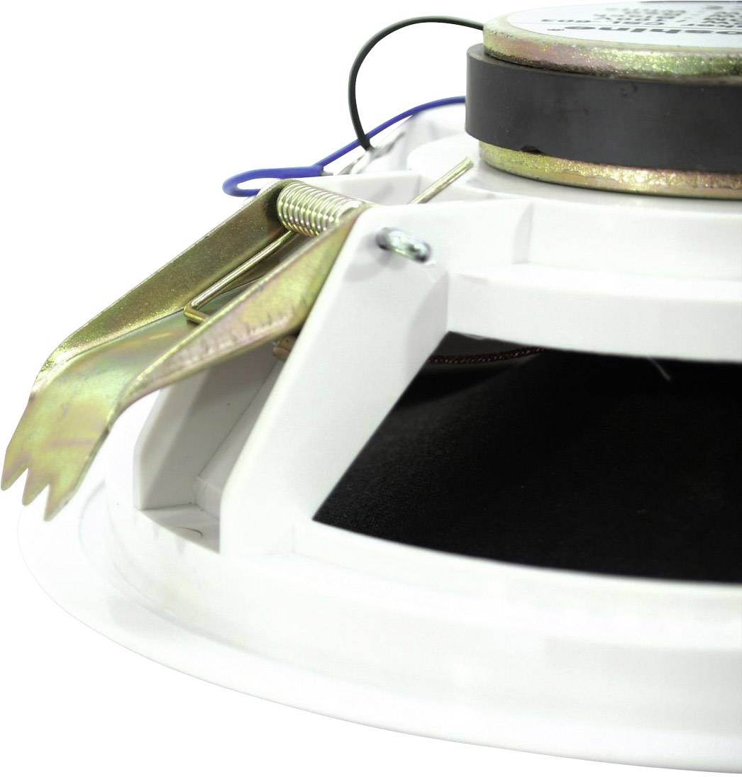 Loudspeaker photographed from the side, showing metallic and electrical components; part of an audio device.