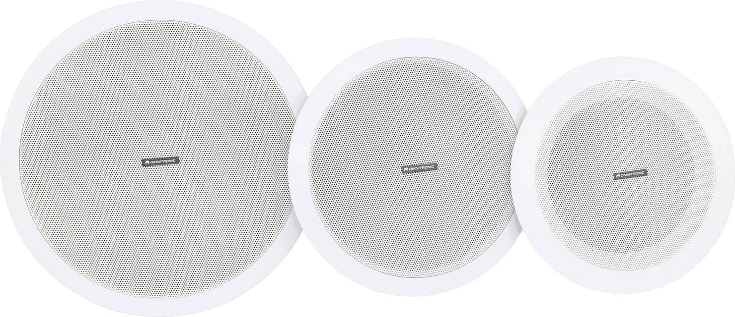 Three differently sized, round speakers with white frames and silver grilles, arranged side by side.