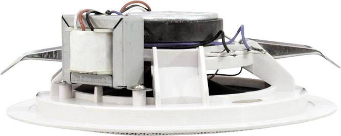 A round speaker with metal arms and cables connected at the top. The device is suitable for ceiling mounting.