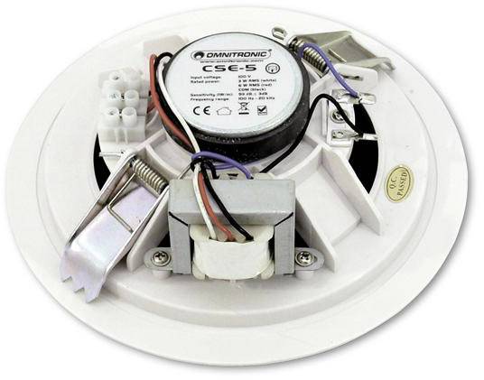 Round ceiling speaker with open enclosure and visible cabling. Brand name and technical details on the top surface.