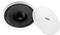 Round ceiling loudspeaker with removable white grille, showing the membrane and manufacturer's logo on the grille.