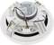 A white, round ceiling speaker with visible cabling and mounting clips, designed for installation in a ceiling.