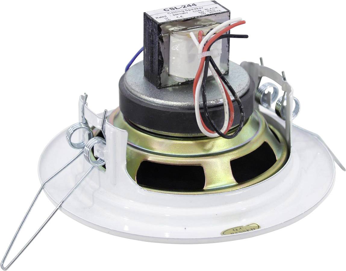 A ceiling speaker with exposed cables and metal mounting brackets, ready to be installed in a ceiling.