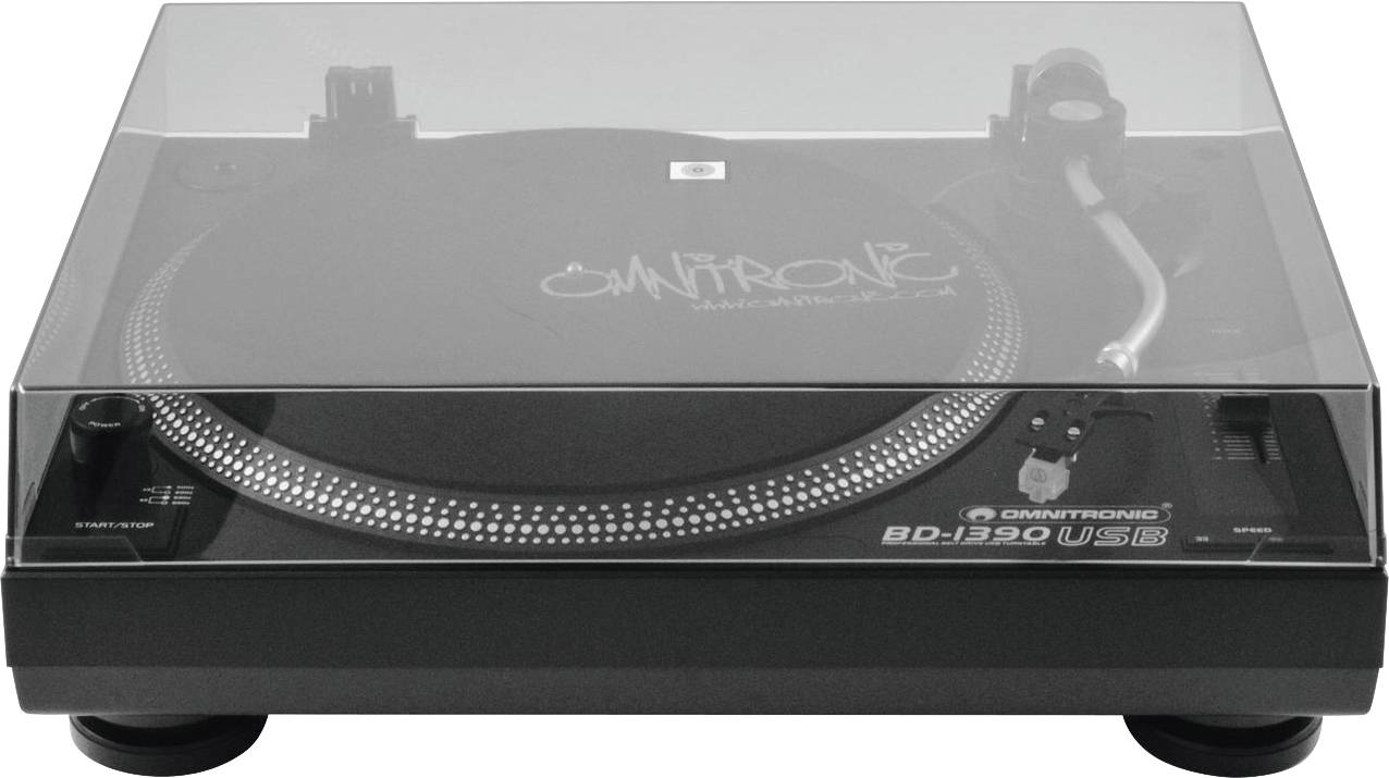 Record player with transparent lid, displays and controls for playback management, model 'Omnitronic BD-1320 USB'.