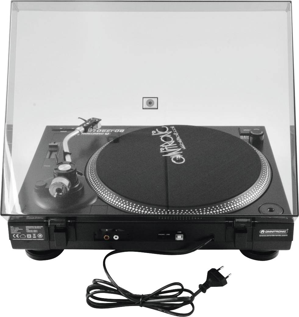 A record player with a transparent lid, tonearm on the left side and disconnected power cable in front.