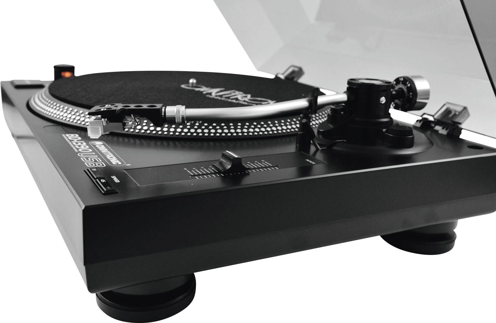 Record player with a black base and silver tonearm. The lid is raised. Vintage design, suitable for vinyl records.