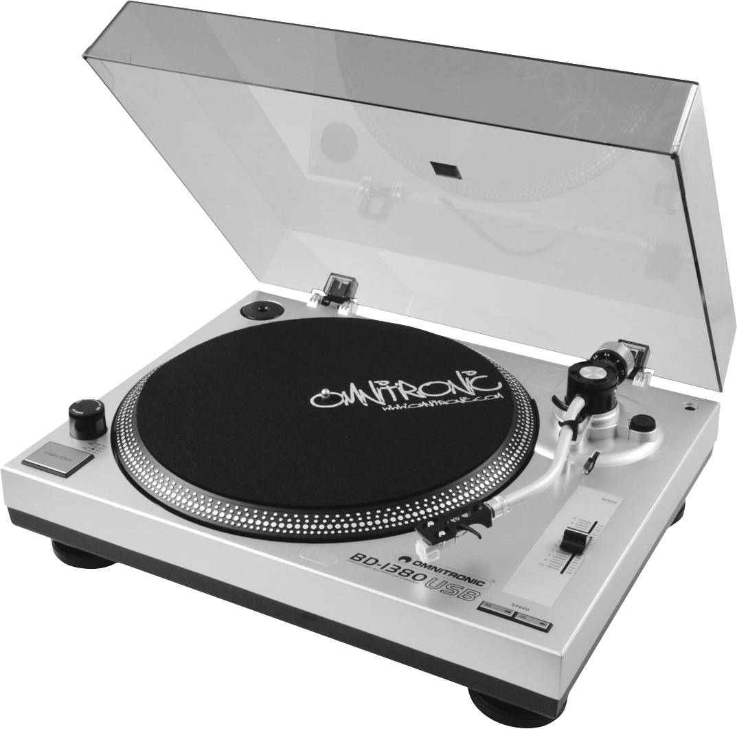 Record player with a silver casing and transparent lid, brand 'Omnitronic'.