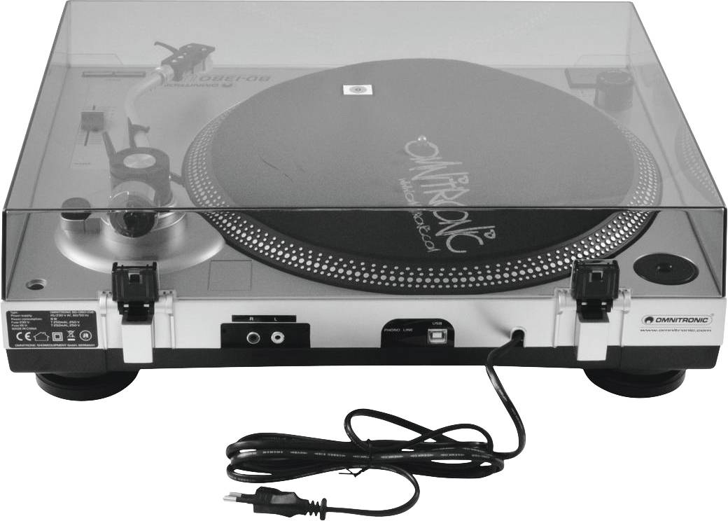 Record player with a transparent lid, black turntable, and connection cable at the front.