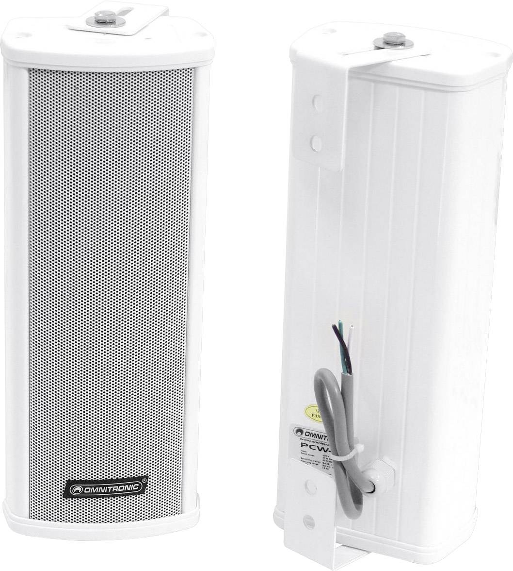Two white speakers with a vertical form. One shows the front with a grille, the other the rear with cable connection.