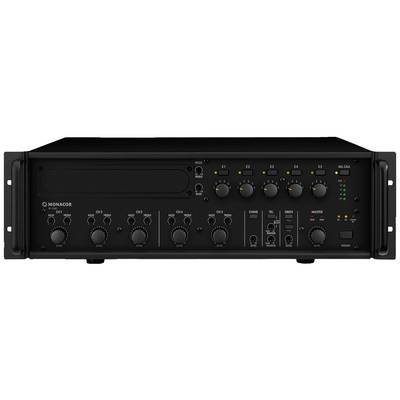 A black amplifier with multiple rotary knobs and displays for controlling various audio inputs and zones.