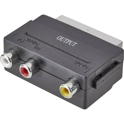 SCART adapter with three RCA sockets for audio and video output, labelled 'OUTPUT'. Left White for audio, centre Red for audio, right Yellow for video.