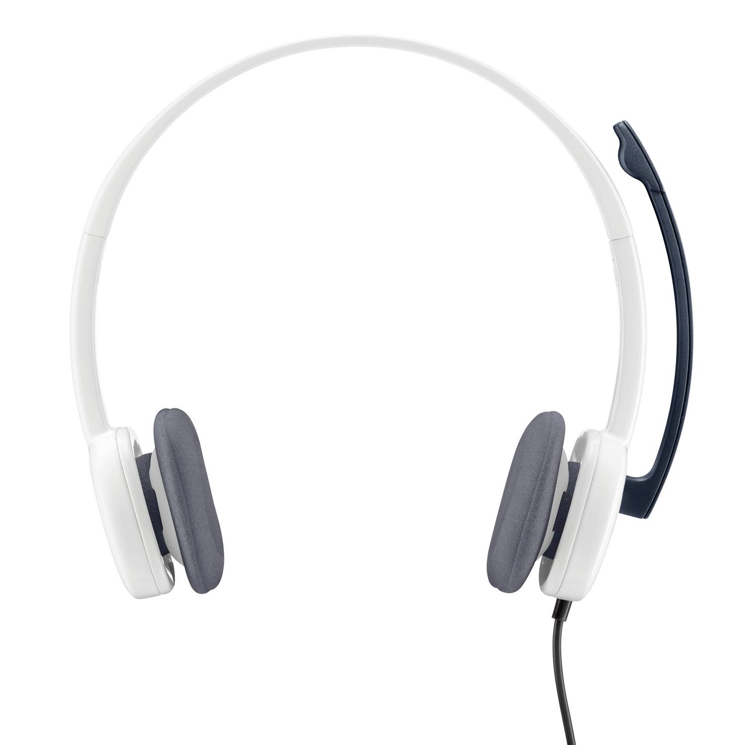 White headphones with dark ear cushions and a microphone arm, suitable for computer or music use.