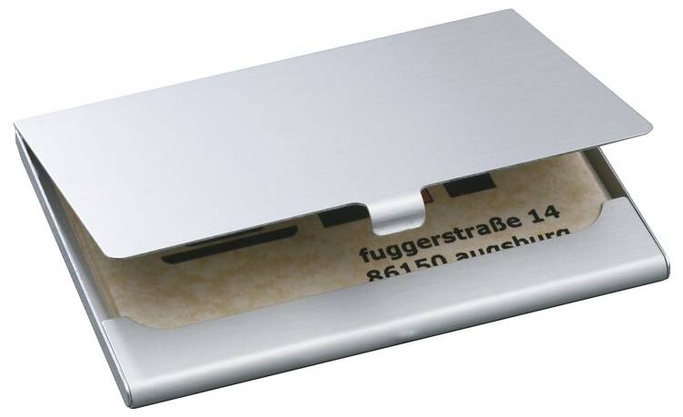 A sleek metallic business card holder, partially open, revealing a card with text 'fuggerstraße 14, 86150 Augsburg'.