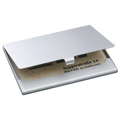 A sleek metallic business card holder, partially open, revealing a card with text 'fuggerstraße 14, 86150 Augsburg'.