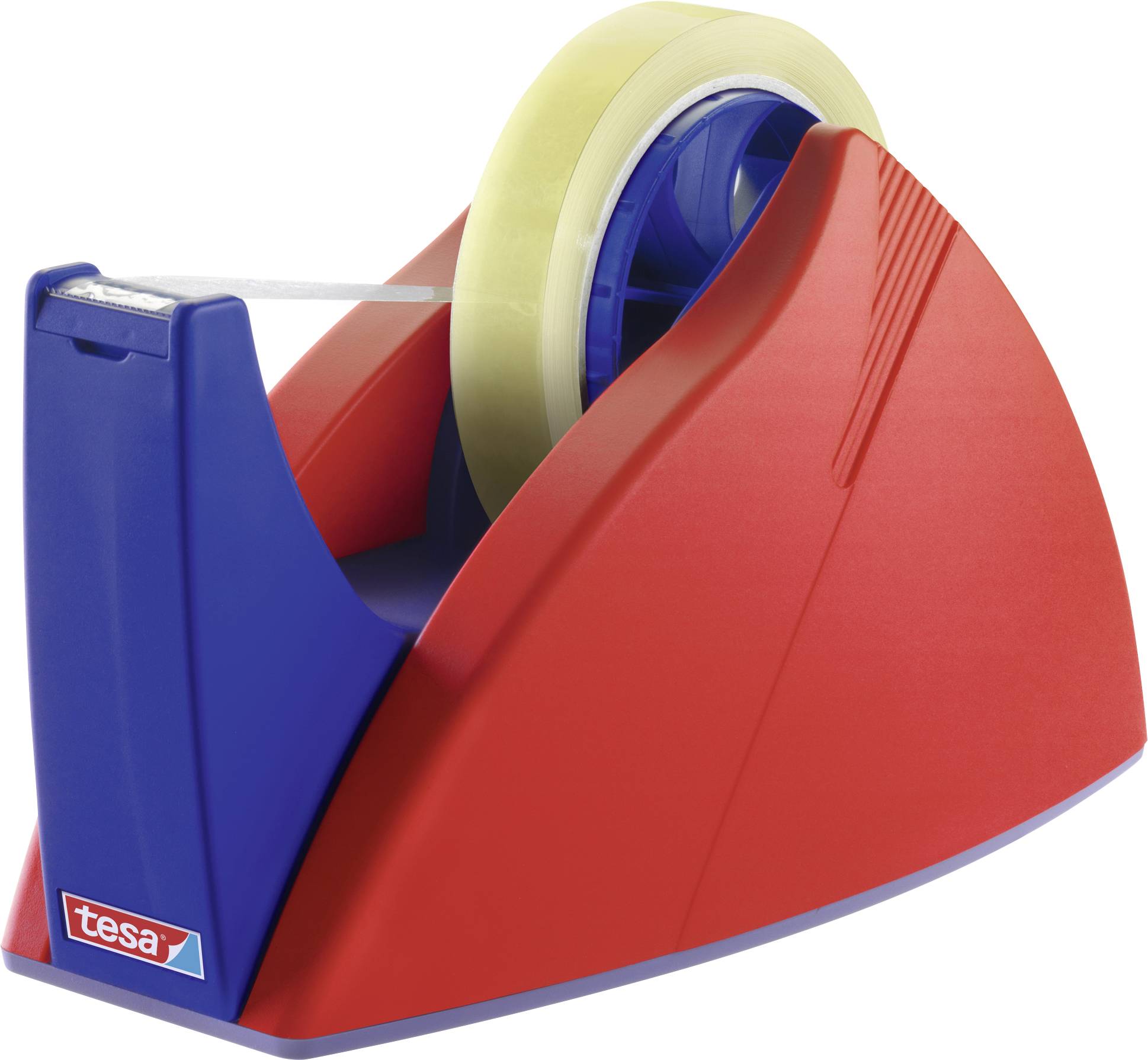 A red tape dispenser with a blue handle, with transparent adhesive tape stretched across it. The 'tesa' brand logo is visible.