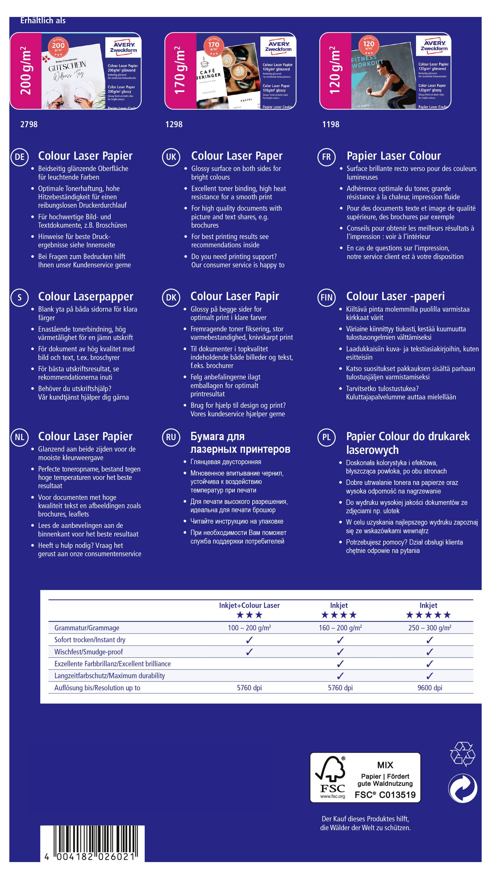 Comparison chart of three paper products: Colour Laser Paper, Colour Laserpaper, and Paper Laser Colour, showing weights, features, and a ratings table with FSC certification and barcode.
