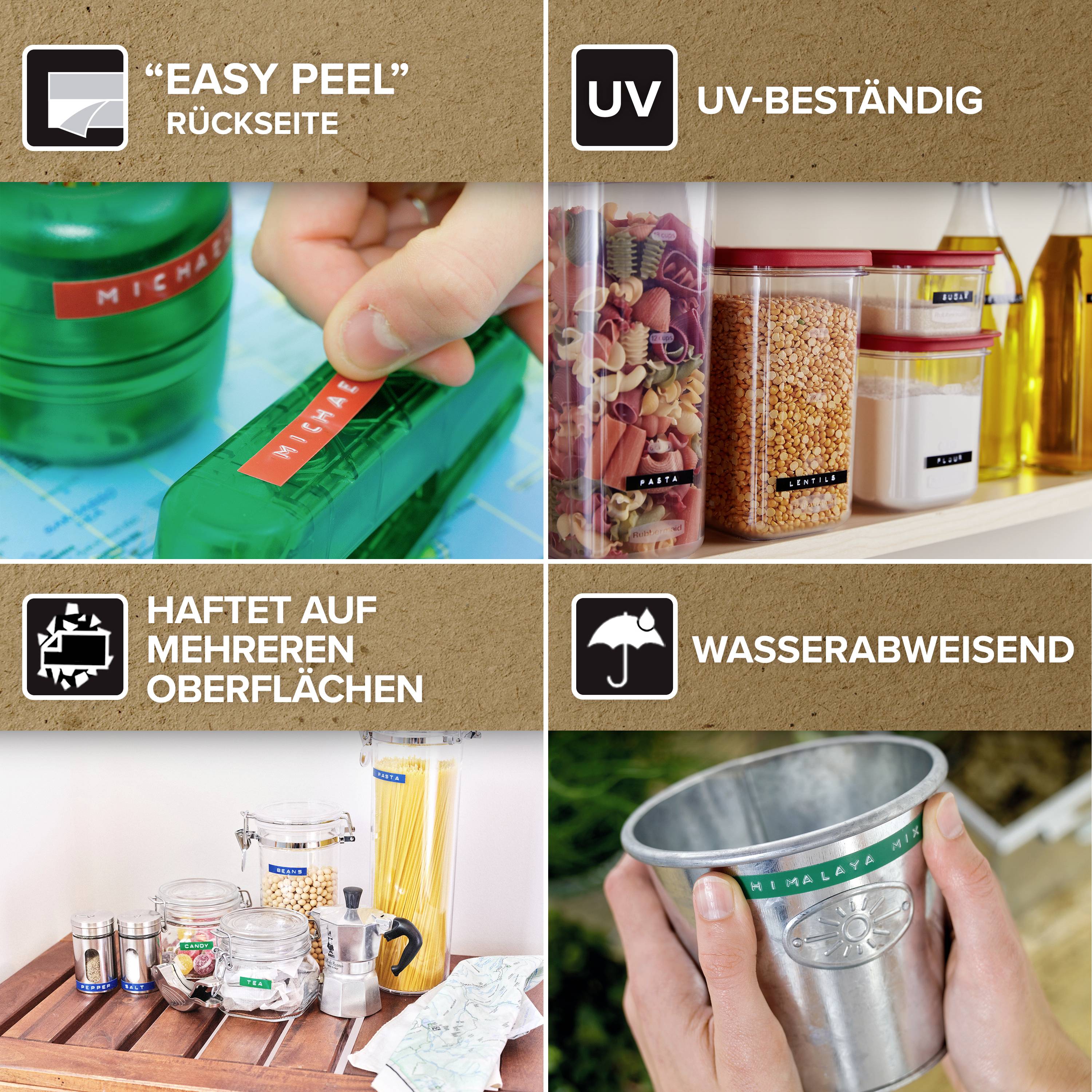 Four images with captions: 'Easy Peel' shows the easily removable label, 'UV-resistant', 'Adheres to multiple surfaces', 'Water-repellent'.