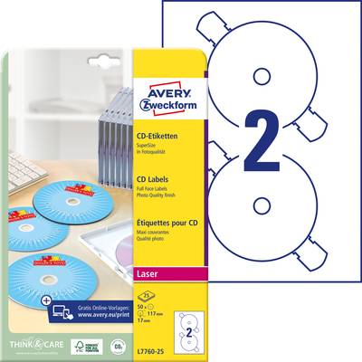 Avery-Zweckform L7760-25 CD labels Ø 117 mm Paper White 50 pc(s) Permanent adhesive Laser, colour