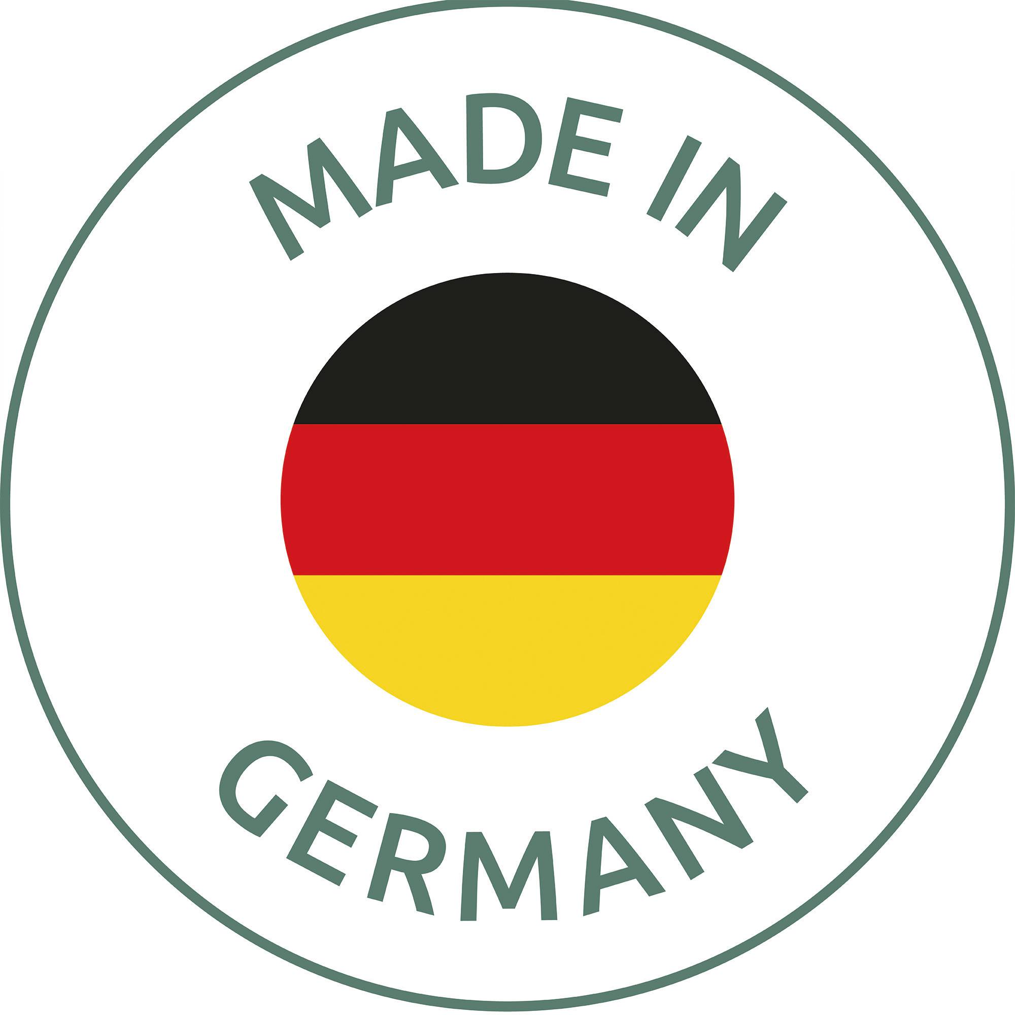 A circle with the inscription 'Made in Germany' and the German flag in the centre.